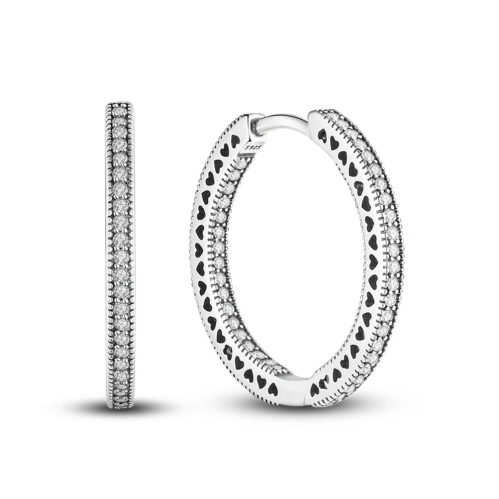 Sterling silver diamond with heart hoop earrings